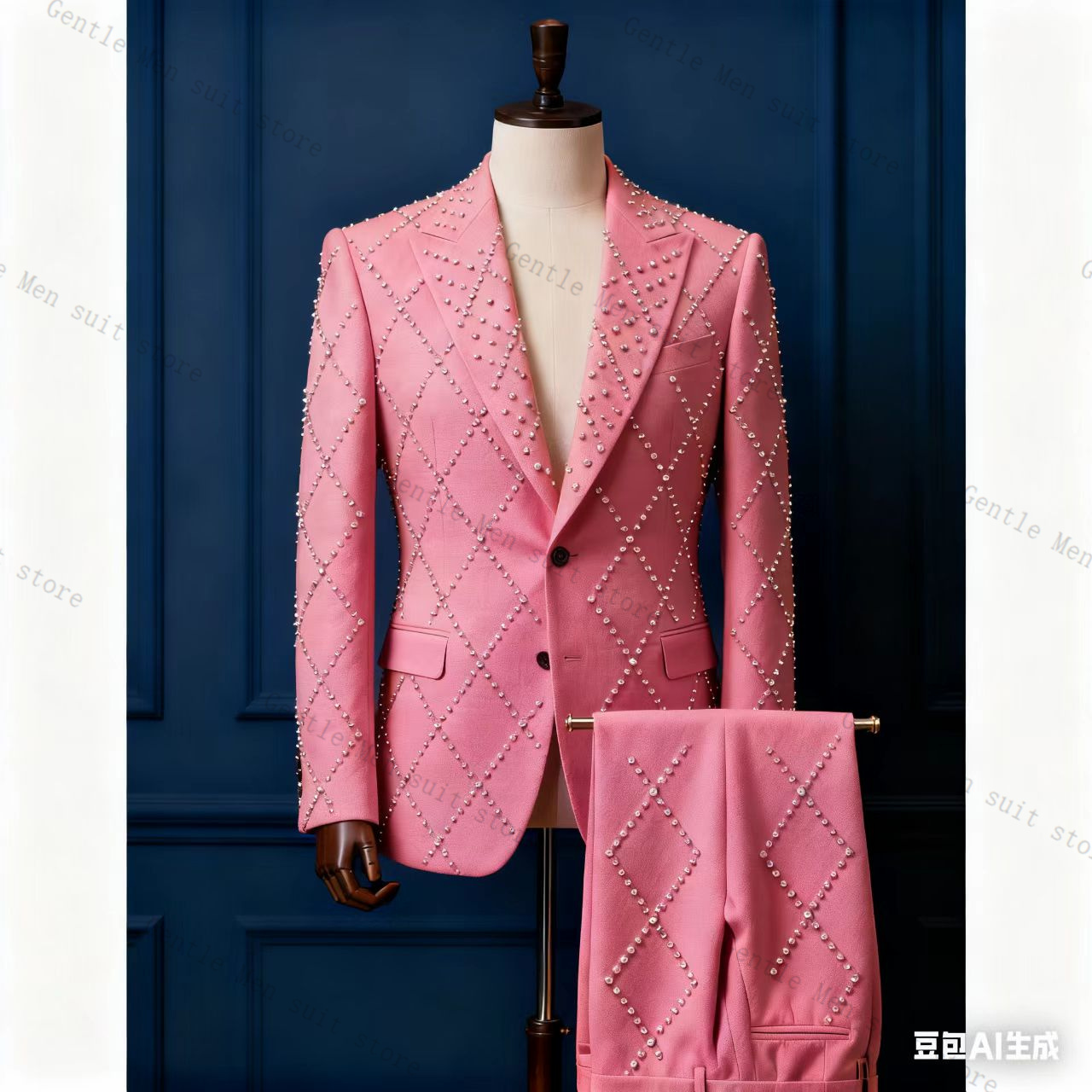 Men Formal Wear Pink - 핑크 남성 정장 세트 2피스 스톤