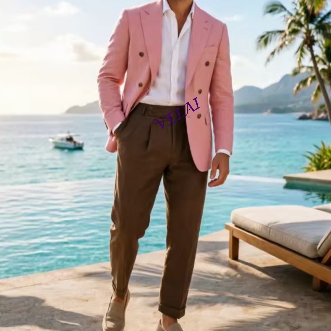 Men'S Formal Wear Attire - 맞춤형 2피스 베이지 리넨 남성 더블