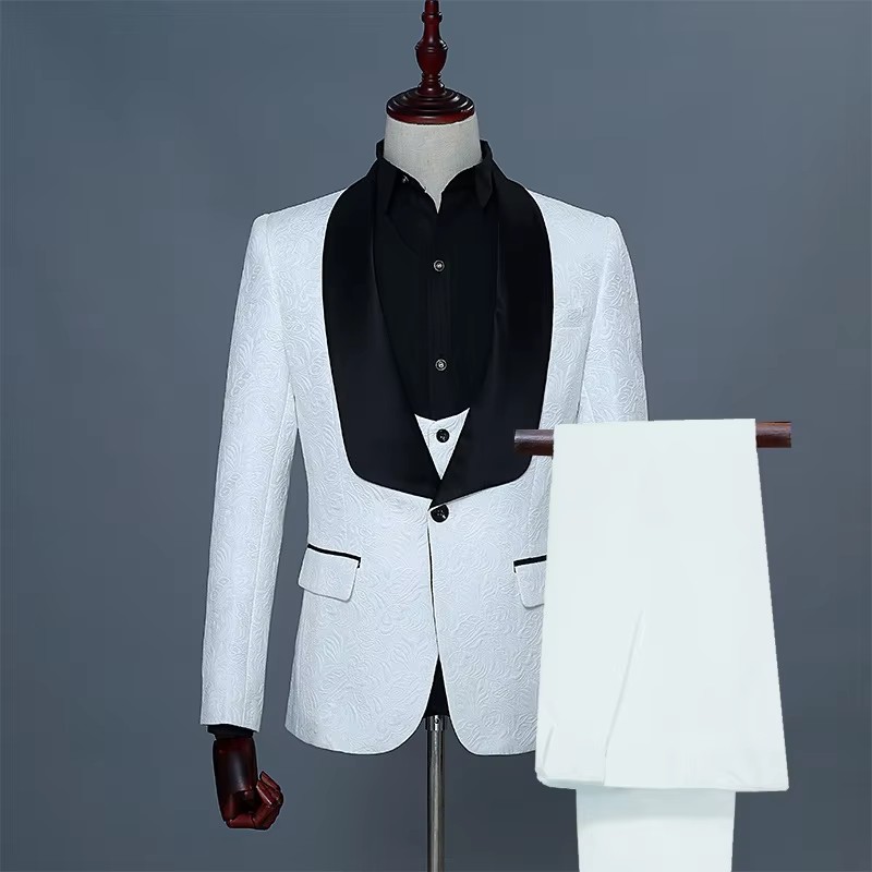 남성용 핑크 & 화이트 슬림핏 플로럴 자카드 3피스 턱 - Men Formal Wear Pink 리뷰 및 가격