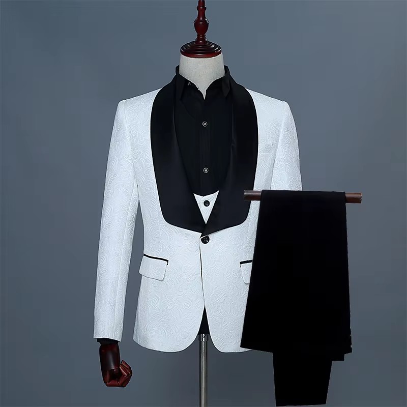 남성용 핑크 & 화이트 슬림핏 플로럴 자카드 3피스 턱 - Men Formal Wear Pink 리뷰 및 가격