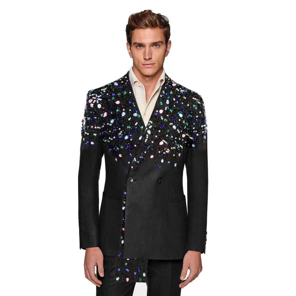 블랙 남성 정장 세트 2 조각 크리스탈 블레이저 + 바 - Formal Wear Jersey For Men 리뷰 및 가격