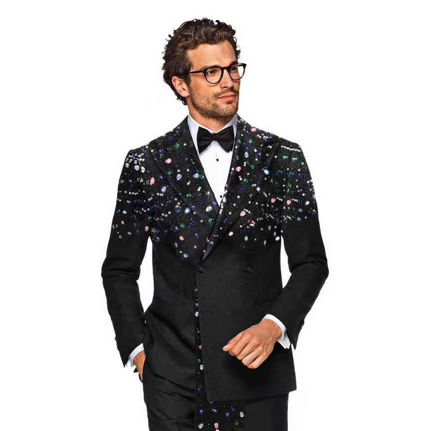 블랙 남성 정장 세트 2 조각 크리스탈 블레이저 + 바 - Formal Wear Jersey For Men 리뷰 및 가격