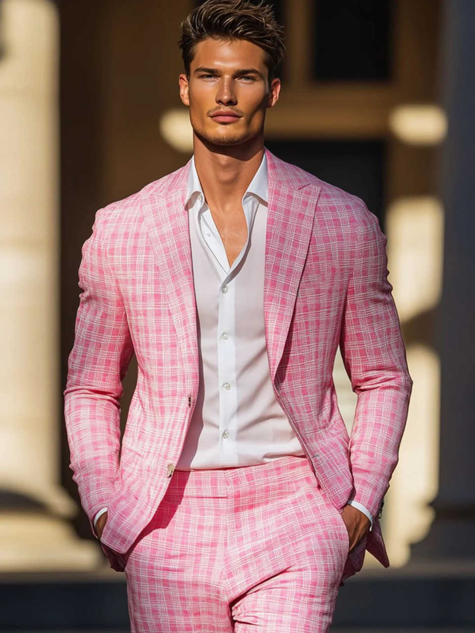 여름 핑크 격자 무늬 남성 턱시도 파파 옷깃 공식 파티 - Men Formal Wear Pink 리뷰 및 가격