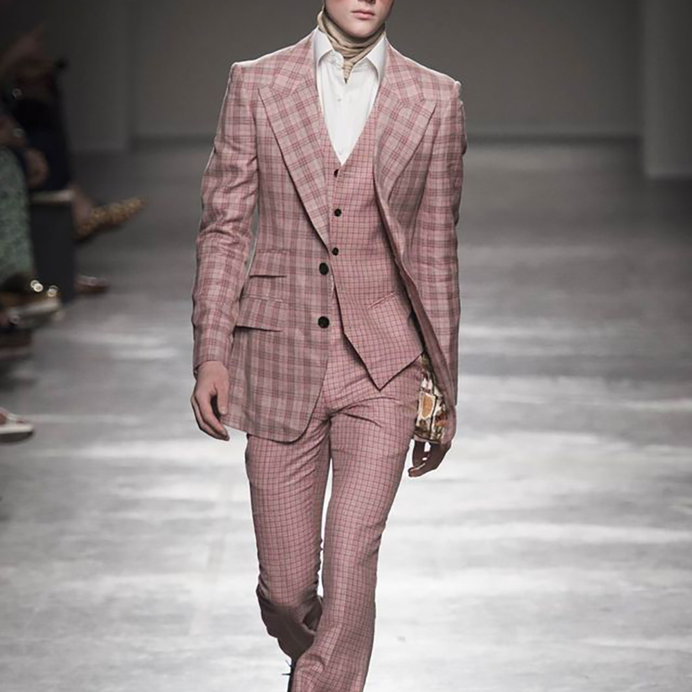 핑크 체크 무늬 남성 정장 3 조각 싱글 브레스트 세트 - Men Formal Wear Pink 리뷰 및 가격