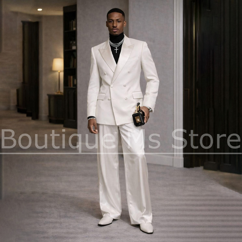 남성용 화이트 새틴 수트 2피스 더블 브레스티드 피크  - Formal Wear For Men In Wedding 리뷰 및 가격