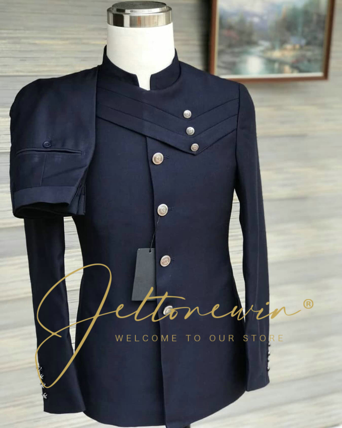 남성 네이비 블루 정장 세트, 밀리터리 스타일 스탠드  - Formal Wear For Men In Wedding 리뷰 및 가격