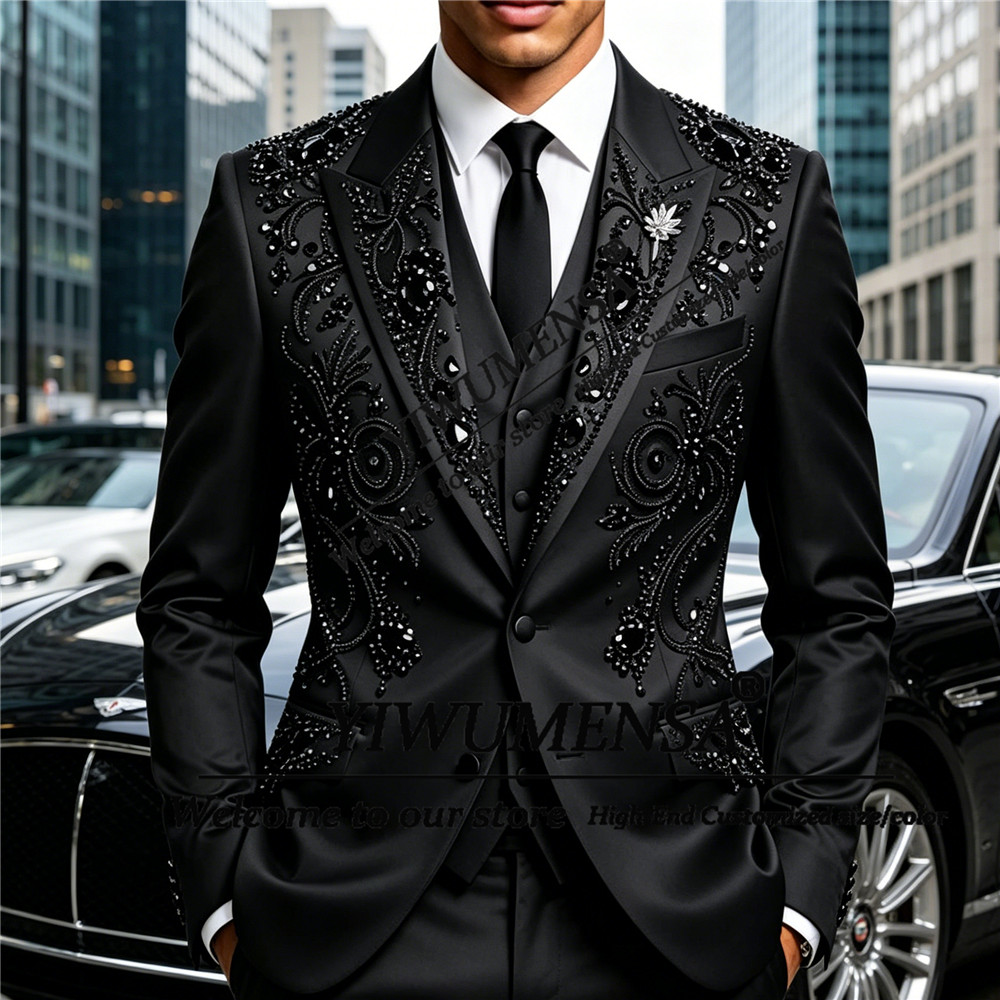 럭셔리 웨딩 정장 남성용 블랙 다이아몬드 비즈 장식 재 - Men'S Formal Wear Attire 리뷰 및 가격