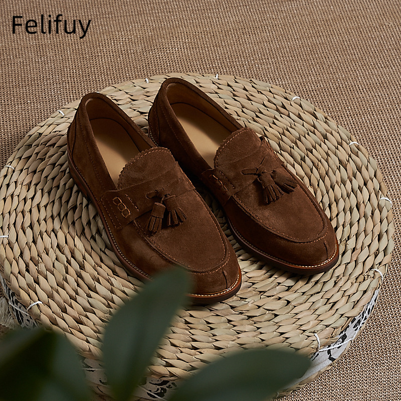 새로운 브라운 남성 플랫 로퍼 소가죽 스웨이드 태슬 캐 - Men Formal Wear Shoes 리뷰 및 가격