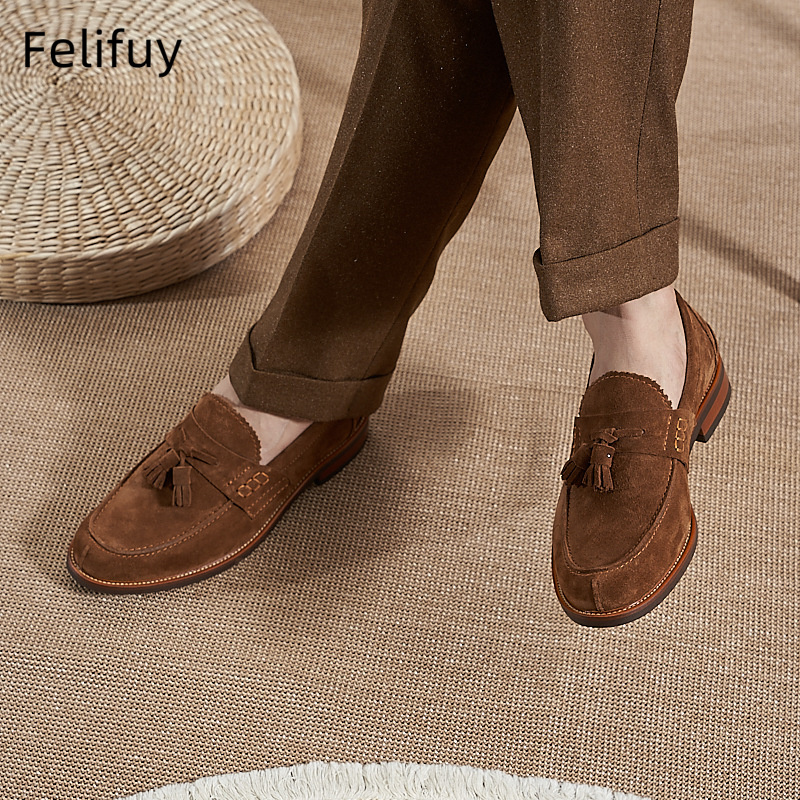 새로운 브라운 남성 플랫 로퍼 소가죽 스웨이드 태슬 캐 - Men Formal Wear Shoes 리뷰 및 가격