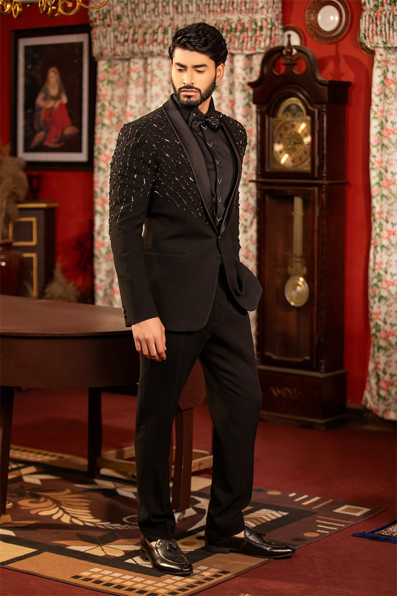 크리스탈 블랙 남자 정장 세트 2 조각 코튼 블레이저  - Formal Wear Jersey For Men 리뷰 및 가격
