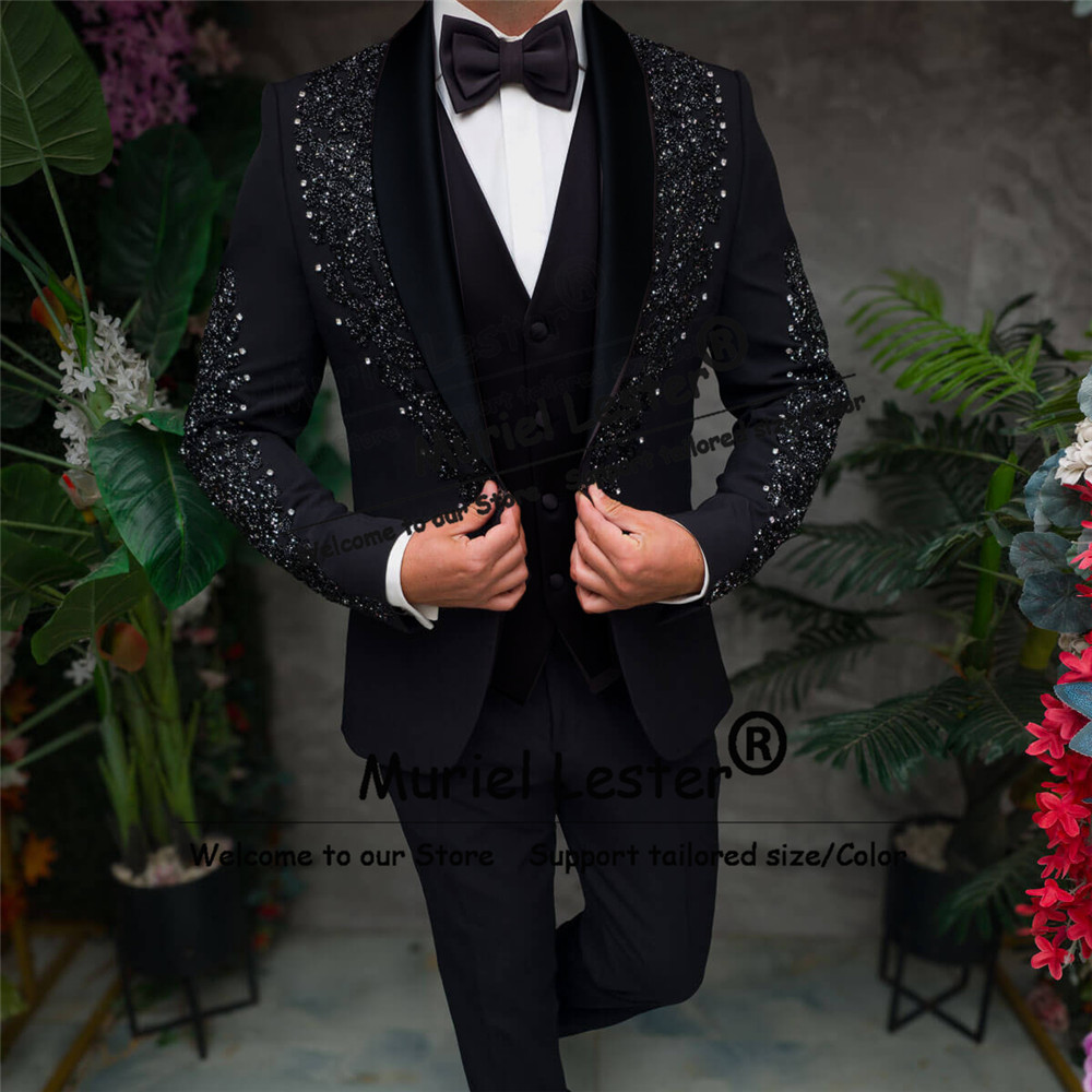 반짝이는 크리스탈 비즈 장식 슬림핏 숄 라벨 프롬 블레 - Men'S Formal Wear Attire 리뷰 및 가격