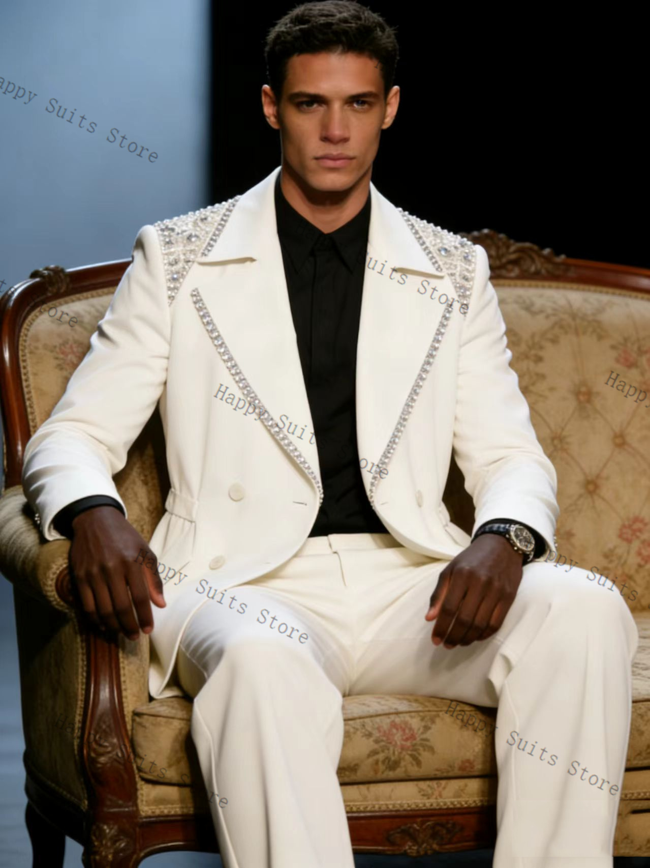 크리스탈 남성 정장 세트 2피스 신랑용 화이트 블레이저 - Formal Wear Jersey For Men 리뷰 및 가격