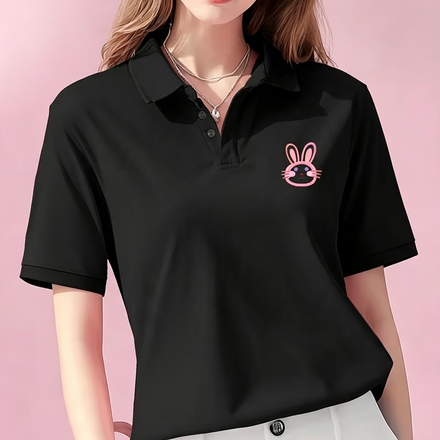 유니섹스 블랙 라펠 칼라 폴로 셔츠 귀여운 핑크 윤곽선 - Men Formal Wear Pink 리뷰 및 가격